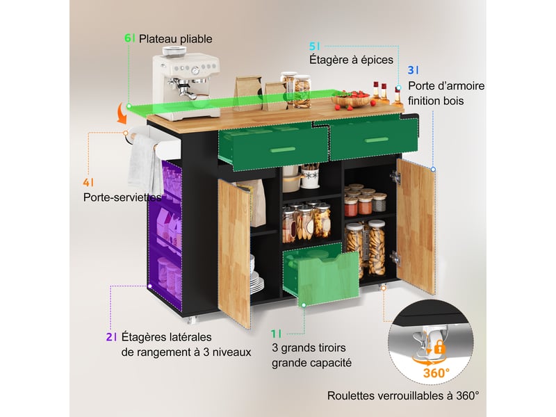 Îlot de cuisine mobile 120 x 4571 x 90 cm avec plateau rabattable, 3 tiroirs, étagères et roulettes, noir et bois - Conforama E