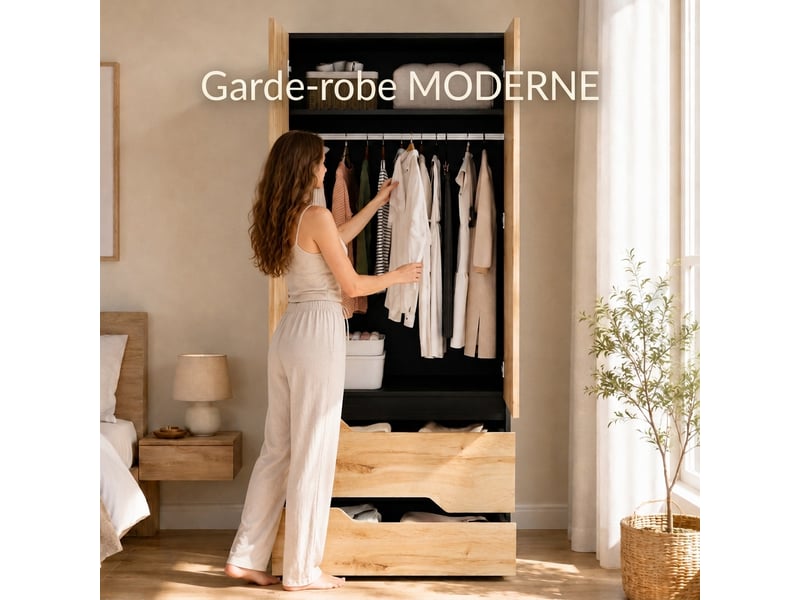  Armoire 2 portes 90x50x200 cm finition chêne avec penderie et 2 tiroirs  - Conforama D
