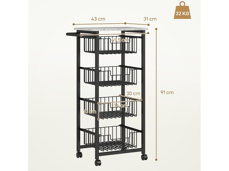  Desserte de cuisine 49,5x31x91 cm sur roulettes 4 paniers coulissants mdf métal gris clair et noir  - Conforama E