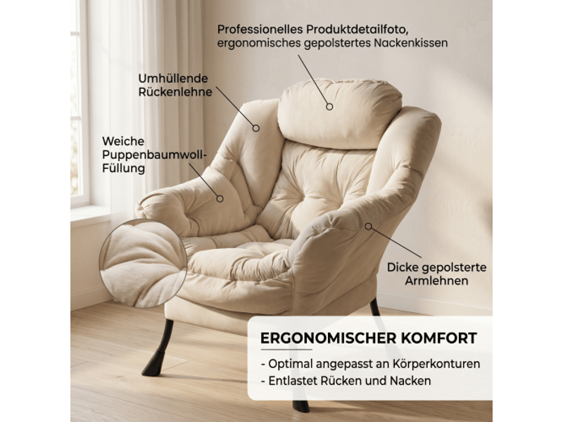  Fauteuil avec repose-pieds - fauteuil inclinable avec accoudoirs, poche latérale - fauteuil à oreilles - beige  - Conforama D
