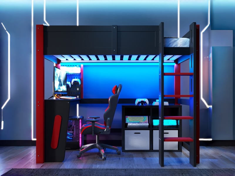  Lit mezzanine, 90 x 200 cm, bois de pin, bureau, panneau perforé, bande led, sans matelas, noir  - Conforama B