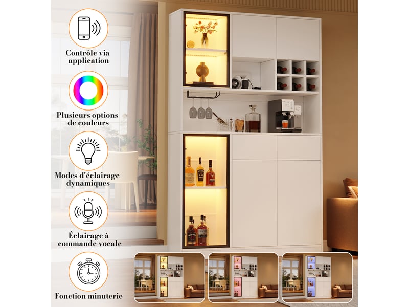 Vitrine avec éclairage led, vitrine avec 6 portes 2 tiroirs et plateau d'exposition en verre trempé, 120x33x200cm, blanc  - Conforama D