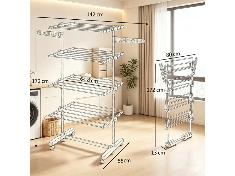  Séchoir à linge pliable gris en acier inoxydable et abs, 4 niveaux sur roulettes, rangement compact à domicile  - Conforama C