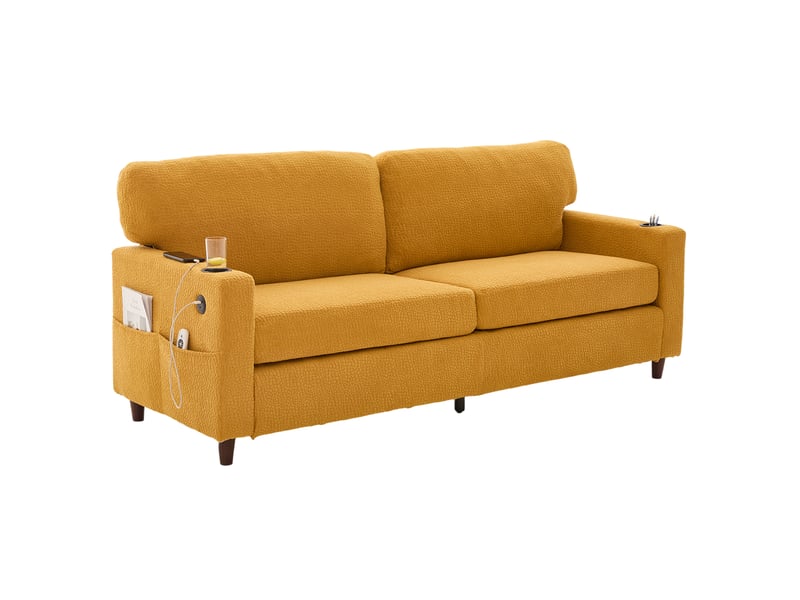  Canapé droit fixe 2 places en tissu jaune moutarde avec led, usb-c et porte-gobelets, idéal pour le salon  - Conforama A