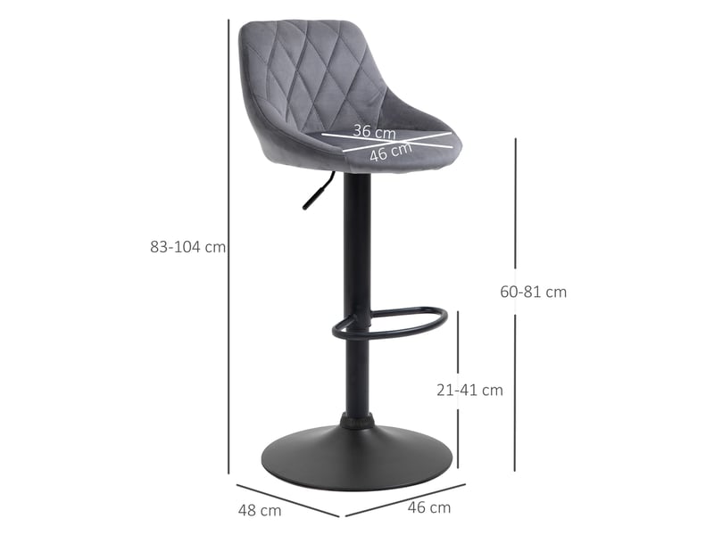  Lot 2 tabourets bar réglables, métalsimilicuir, hauts pivotants, dossier, repose-pieds, 46x48x83-104 cm, gris et noir.  - Conforama E