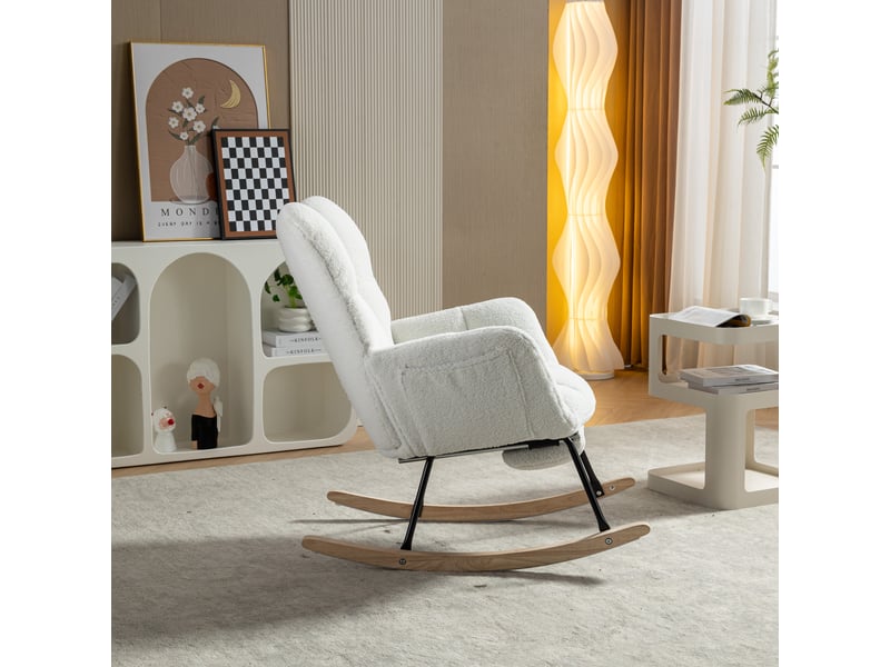 Rocking chair blanc en tissu teddy, fauteuil relax avec repose-pieds escamotable pour salon et chambre - Conforama E
