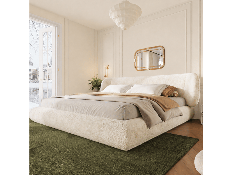  Lit double 180x200 cm en chenille beige avec tête de lit et sommier à lattes  - Conforama D