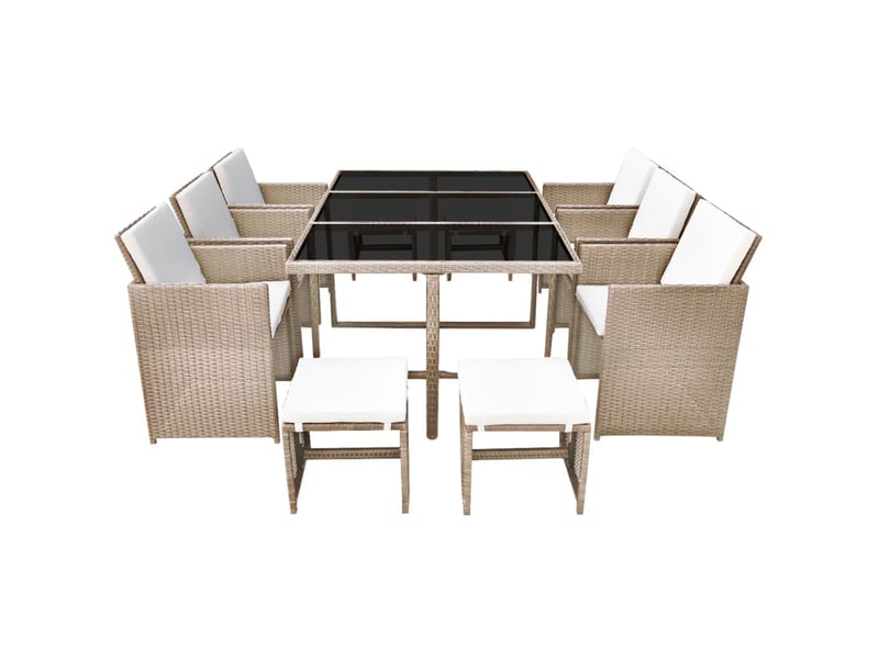  Salon de jardin meuble d'extérieur ensemble de mobilier encastrable avec coussins 11 pièces rotin beige 02_0018332  - Conforama B