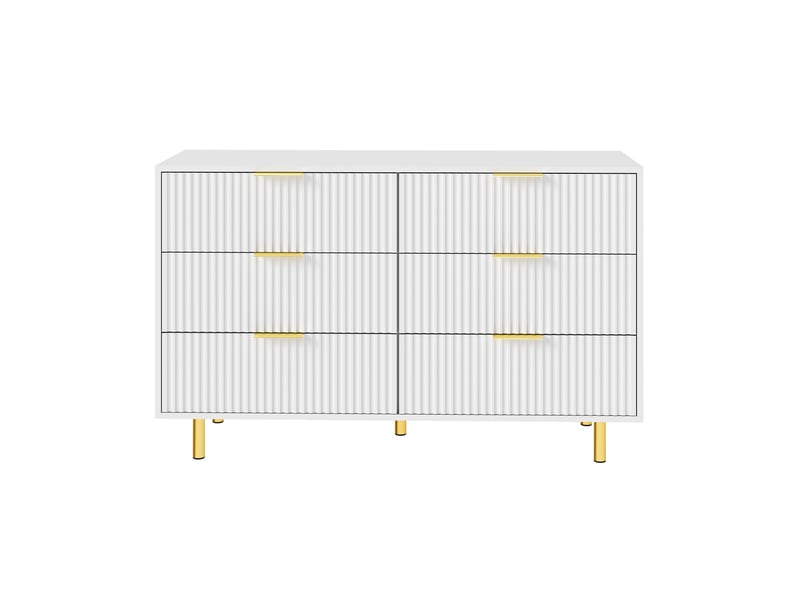 Commode 6 tiroirs, l120x p40xh72 cm, buffet design moderne pour chambre et salon, mdf avec pieds en métal, blanc et or - Conforama A