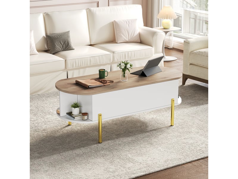  Table basse 120 x 50 x 43 cm, table de salon, table basse avec plateau réglable en hauteur, tables d'appoint, tables de canapé avec rangement dissimulé, table basse à 7 étagères, couleur bois et blanc  - Conforama B