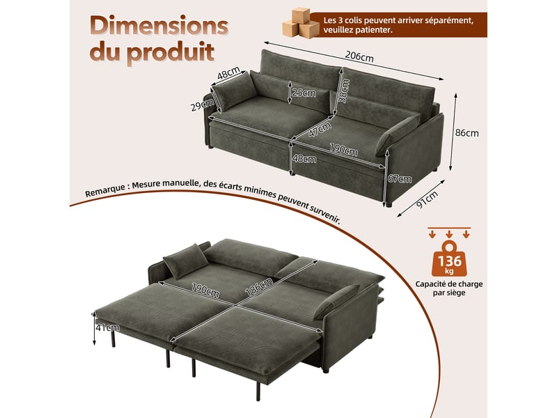  Canapé convertible 3 places gris foncé en chenille avec rangement, 206 cm Fay Lum - Conforama C