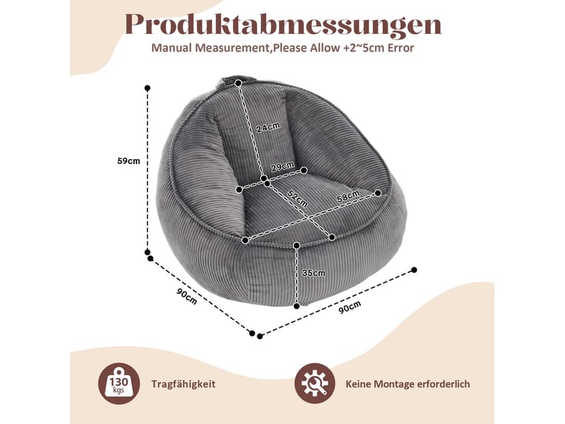  Fauteuil pouf avec dossier ergonomique et mousse à mémoire de forme, en velours côtelé gris clair, 90 × 90 × 59 cm  - Conforama E