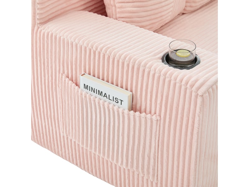 Canapé modulable 3 places 172x87x64 cm rose en velours côtelé, coussins, porte-gobelets, poches latérales, design sans cadre - Conforama E