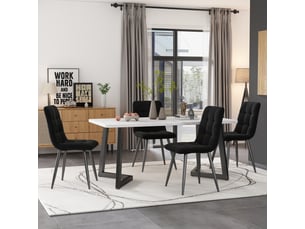 Table à manger design avec plateau mdf aspect marbre et structure métal noir, 117 x 68 x 75 cm – blancnoir