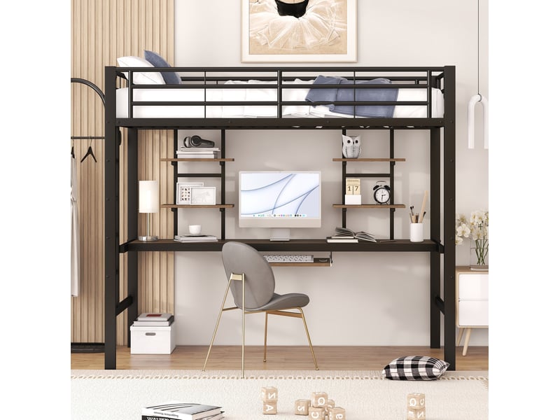  Lit mezzanine 90x200 cm, bureau 194x40 cm, 2 bibliothèques, tablette clavier, métal et mdf, noir  sans matelas  - Conforama D