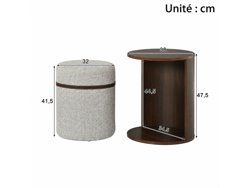  Table d’appoint ronde avec pouf intégré, effet noyer, ø 38 cm  - Conforama C