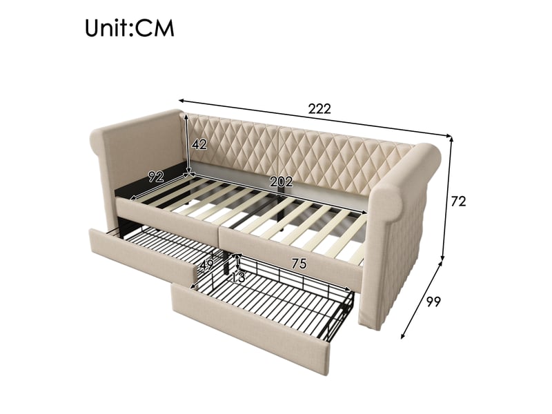  Lit jeune 90x200 cm avec 2 tiroirs et dossier incurvé, lin, beige, sans matelas  - Conforama C