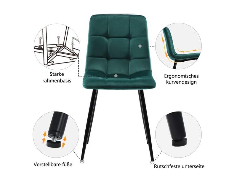  Ensemble table et 4 chaises 117 cm, plateau mdf marbré blanc, velours vert foncé et pieds dorés design  - Conforama E