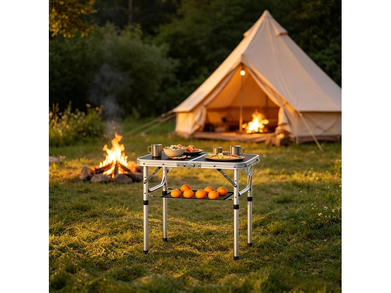  Table de jardin pliante réglable avec filet de rangement, portable pour balcon, camping et plage, noire, 60 × 40 cm  - Conforama C