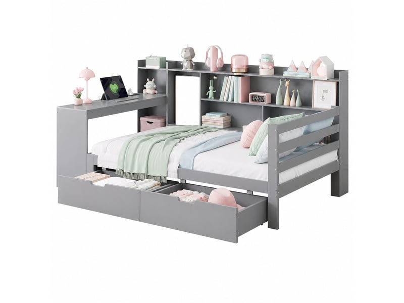  Lit combiné multifonction 90x200 cm, prise usb, 2 tiroirs, bureau, espaces de rangement, bois, gris avec matelas  - Conforama E