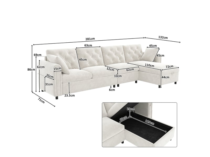  Canapé d'angle convertible modenvie réversible 4 places avec coffre beige 281 x 132 x 86 cm  - Conforama C