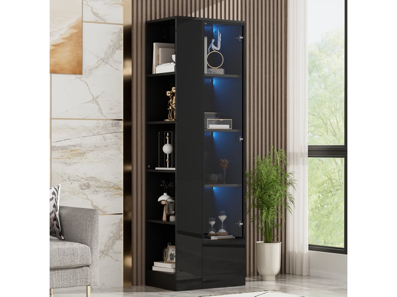 Vitrine noire 50x35x160 cm avec porte en verre, éclairage led, finition brillante, tiroir et étagères ouvertes, meuble rangement salon salle à manger - Conforama D