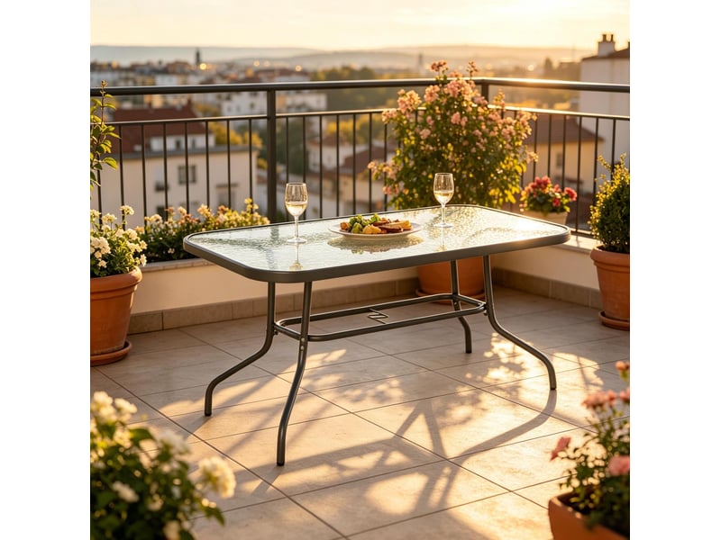 Table de jardin ulevr rectangulaire 8 places avec trou pour parasol, 120 x 80 x 70 cm, métal et verre trempé, gris - Conforama B