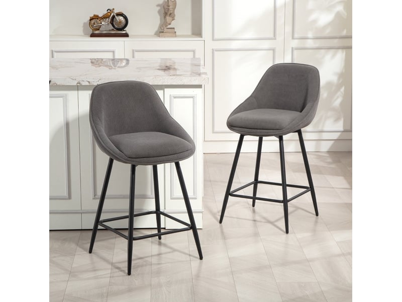 Tabouret de bar pivotant lot de 2 avec dossier et accoudoirs, en tissu côtelé polyester gris  - Conforama B