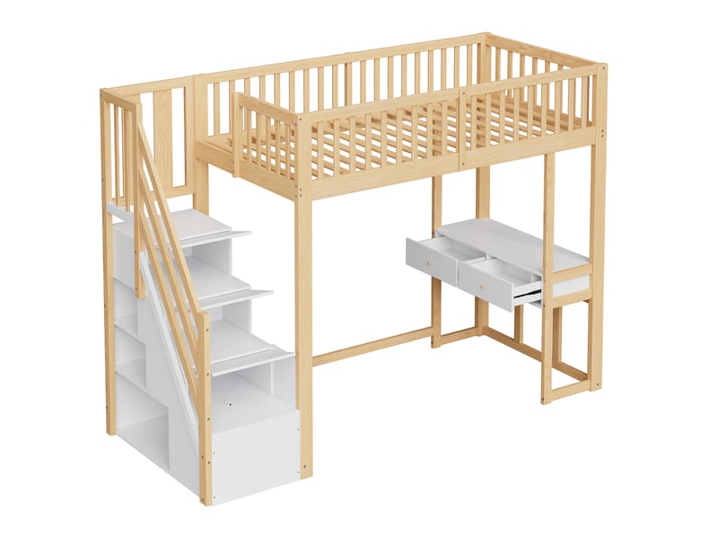  Lit mezzanine enfant 90x200 cm – blanc et bois clair – bureau multifonction et escalier de rangement – sans matelas  - Conforama D