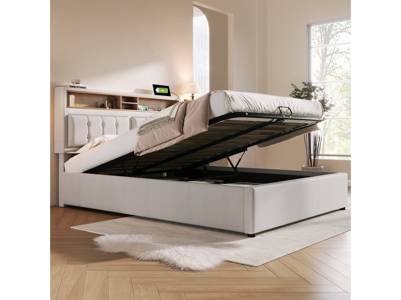  Lit capitonné double 140x200 cm en lin beige, rangement sous lit, usb-c, tête ajustable, matelas fourni  - Conforama C