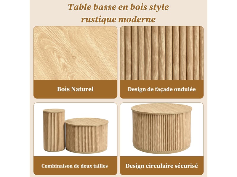  Table basse, ronde lattes bois naturel table basse salon, multifonctionnelle, double  - Conforama E