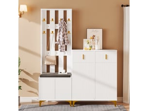 Ensemble vestiaire avec banc à chaussures et coussin, patères, tiroirs et portes