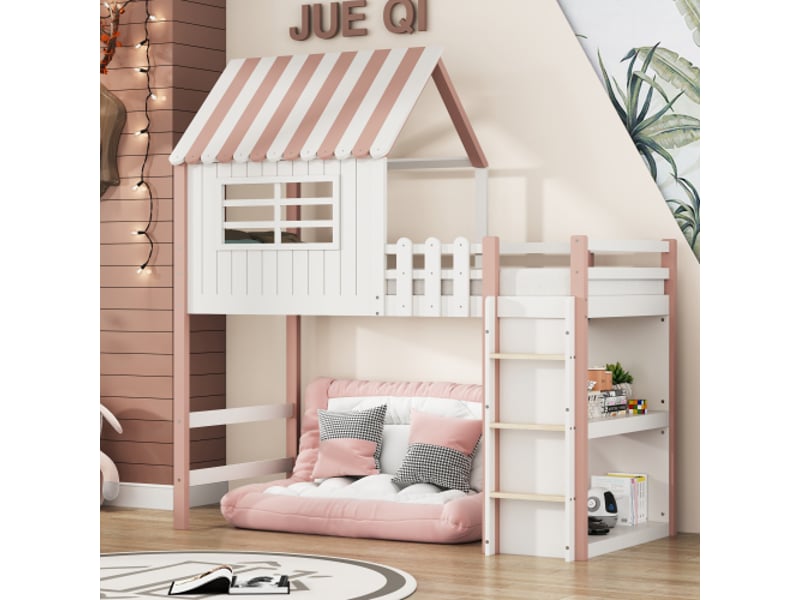  Lit mezzanine 90x200 cm coloris rose bois massif lit enfant rose - Conforama D