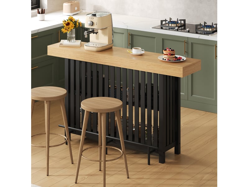 Table de bar 160x40x105 cm avec repose-pieds et 2 étagères noir effet bois - Conforama D