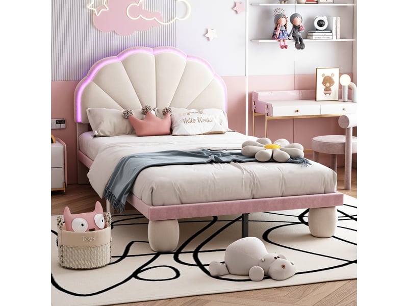  Lit enfant rembourré 90 x 200 cm en velours beige et rose avec led Fay Lum - Conforama B