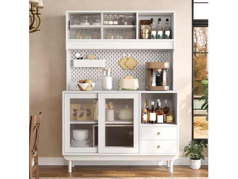  Buffet de cuisine avec 4 portes coulissantes en verre strié, 2 tiroirs et panneau perforé, blanc 117 × 30 × 170 cm  - Conforama B
