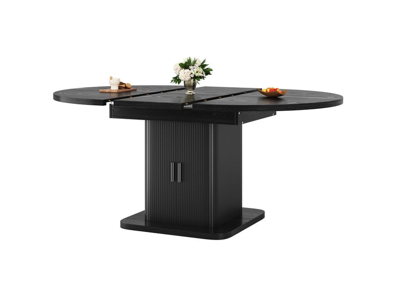  Table de salle à manger extensible avec espace de rangement (110–149,8 cm), portes coulissantes et étagère amovible, noir  - Conforama A
