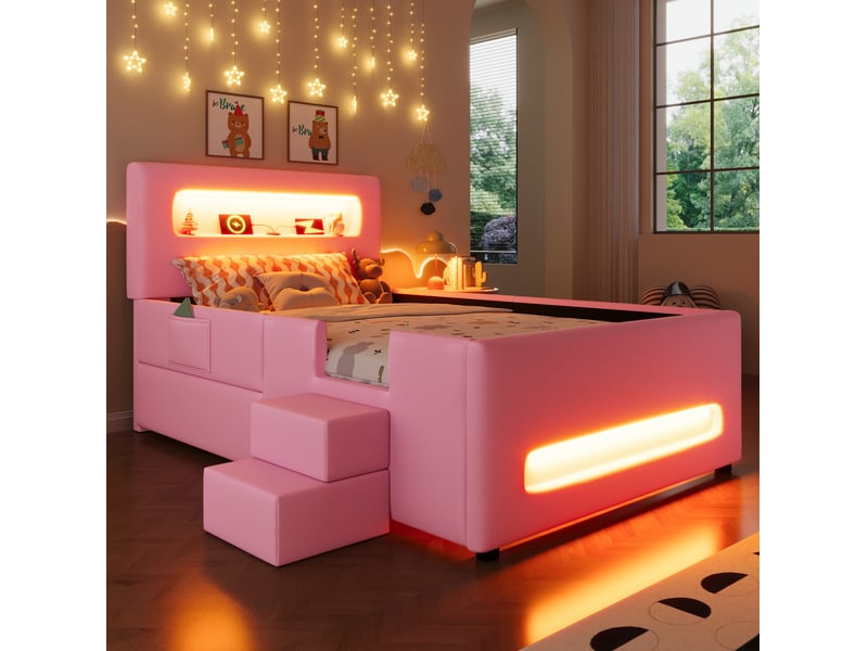  Lit enfant 90x200cm, tiroirs, escaliers, lumières avec éclairage led avec rangement, design confort, mdf, pu rose sans matelas  - Conforama D