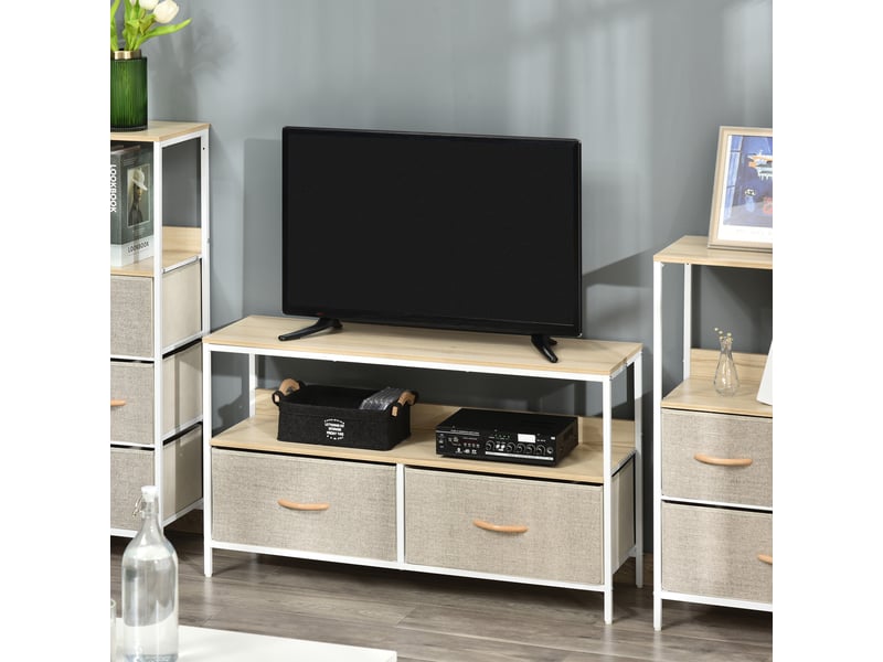 Meuble tv bas sur pieds tiroirs en tissu gris bois naturel et métal blanc style industriel 2  - Conforama D