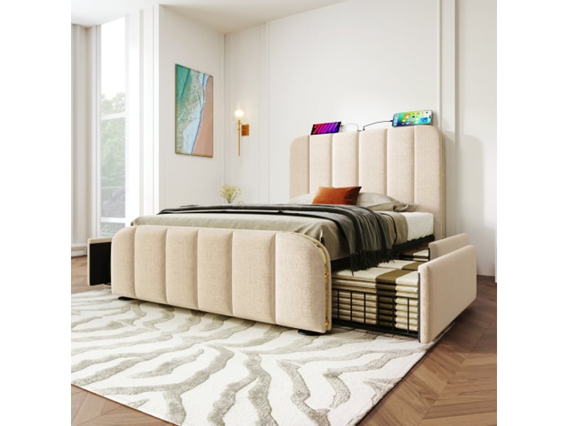  Lit simple capitonné 90x200 cm, tête de lit dorée, usb-c, lin beige, 4 tiroirs, sans matelas  - Conforama B