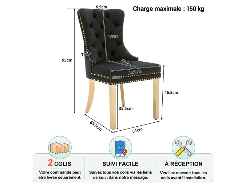  Chaise de salle à manger lot de 4 avec anneau décoratif, velours noir et pieds en acier inoxydable doré, 50,5×45×95 cm  - Conforama D