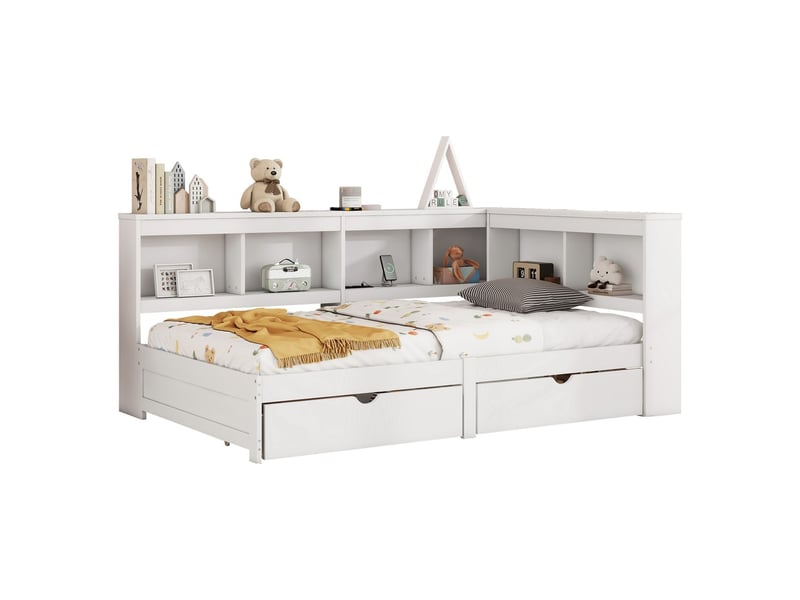  Lit banquette 90x200 cm daybed avec 2 tiroirs prise usb 2 ports sommier blanc sans matelas  - Conforama A