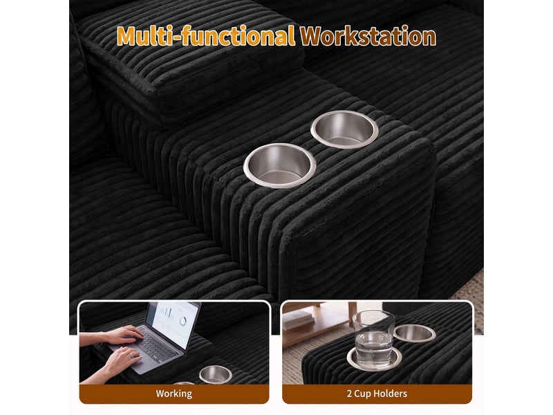  Canapé modulable en u 372 cm, canapé panoramique en velours côtelé, assise profonde, 2 porte-gobelets intégrés, noir  - Conforama E