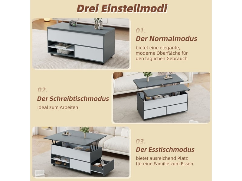  Table basse 100x100x70, bicolore gris blanc table basse salon, plateau relevable, rangement tiroirs, roulettes  - Conforama D