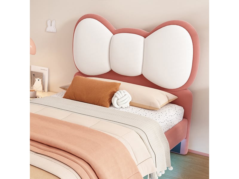  Lit jeune 90x200 cm avec tête de lit nœud papillon, led et sommier, velours, beige et rose, sans matelas  - Conforama D