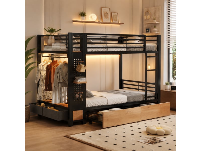  Lit superposé avec rangement 90x200 cm, tiroirs, étagères, panneau perforé, led, penderie, modules réversibles, métal noir Radiant Stride - Conforama B