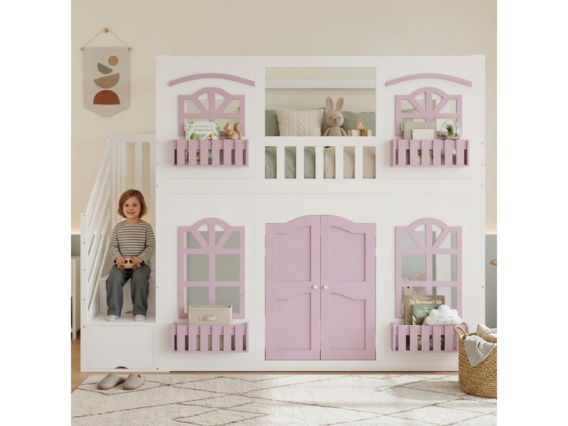  Lit mezzanine cabane enfant 90x200 cm - escalier de rangement, fenêtres et coin jeu - pin et mdf - blanc et rose CozyNest - Conforama D