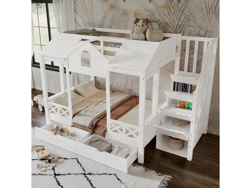 Lit superposé enfant 90×200 et 140×200 cm, 2 tiroirs et escalier rangement - sans matelas, bois - blanc - Conforama C