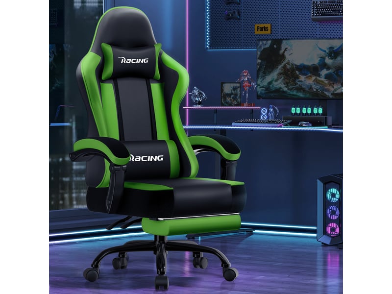  Chaise gaming, fauteuil de bureau ergonomique avec repose-pieds télescopique, chaise bureau avec appui-tête et soutien lombaire, fauteuil gaming ergonomique 150 kg, réglable en hauteur, vert  - Conforama B