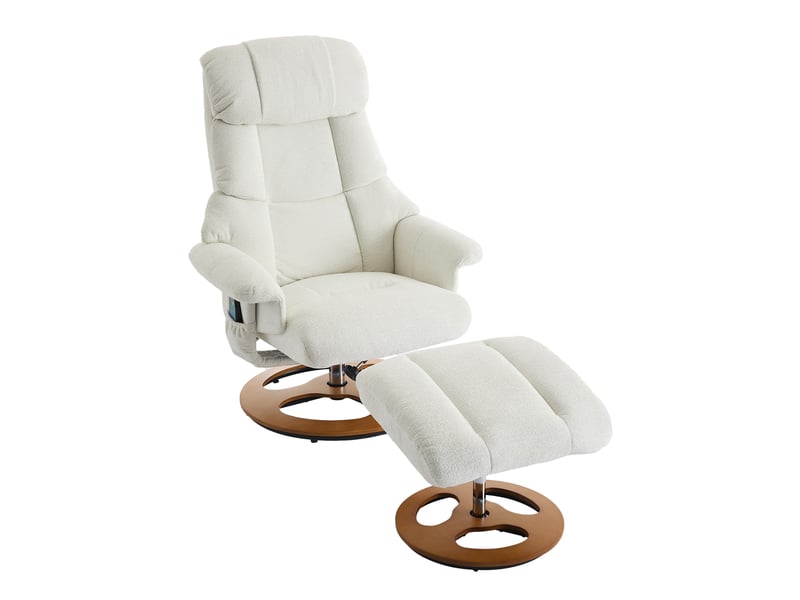  Fauteuil relax pivotant avec massage et chauffage, dossier inclinable, repose-pieds, en chenille blanc  - Conforama A